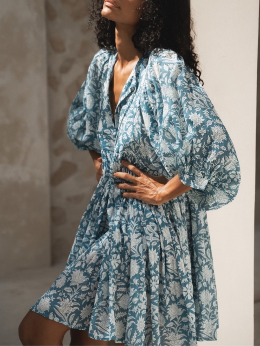 Daughters of India Kyra Mini Dress Ocean Blue Size Small Bubble Sleeve Floral